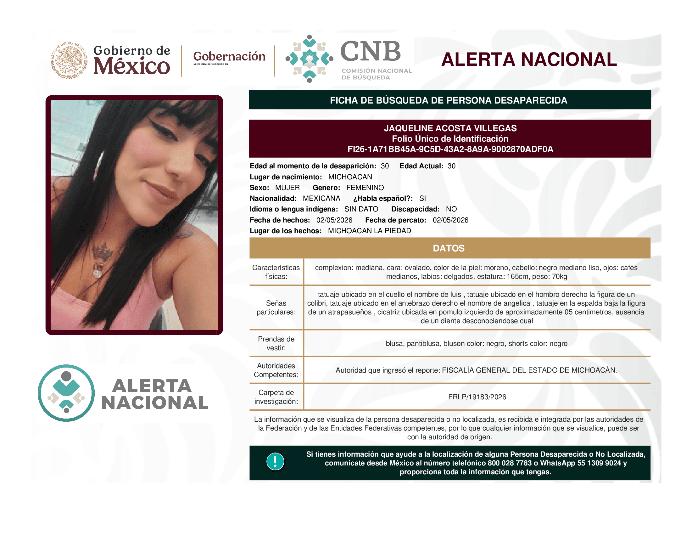 Persona desaparecida Jaqueline Acosta Villegas
