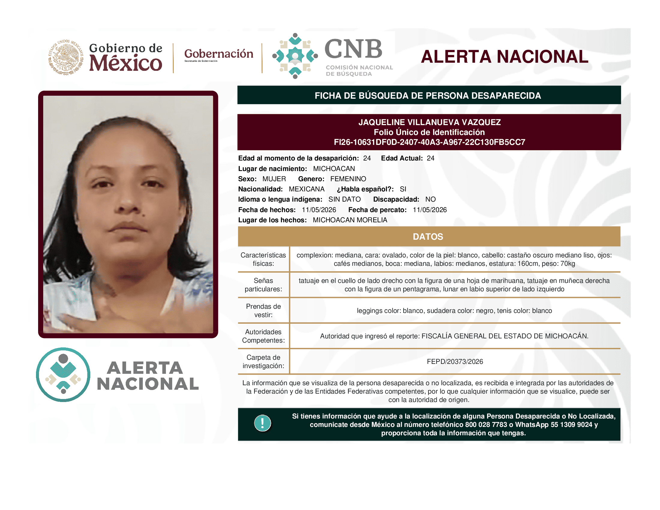 Persona desaparecida Jaqueline Villanueva Vazquez