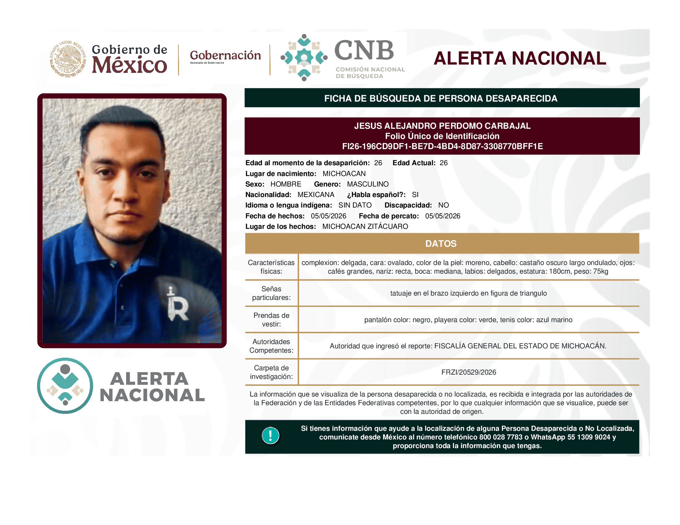 Persona desaparecida Jesus Alejandro Perdomo Carbajal