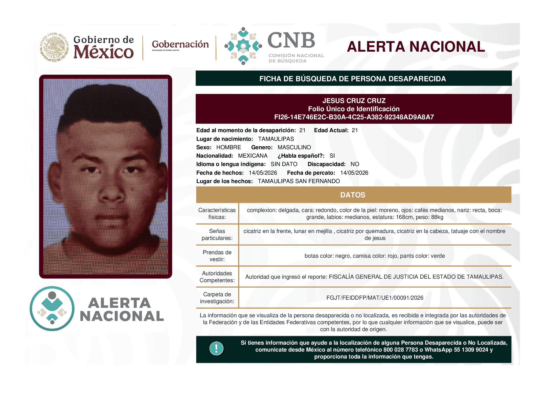 Persona desaparecida Jesus Cruz Cruz