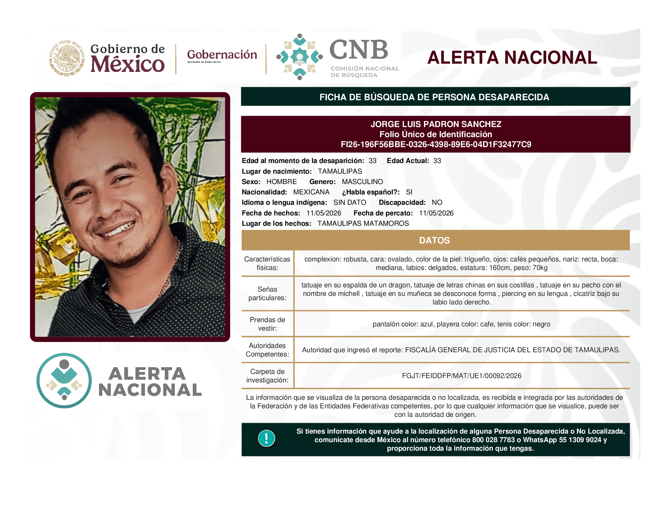 Persona desaparecida Jorge Luis Padron Sanchez