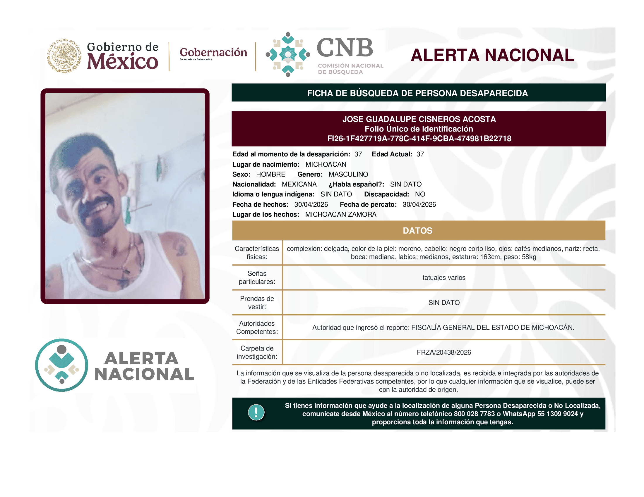 Persona desaparecida Jose Guadalupe Cisneros Acosta