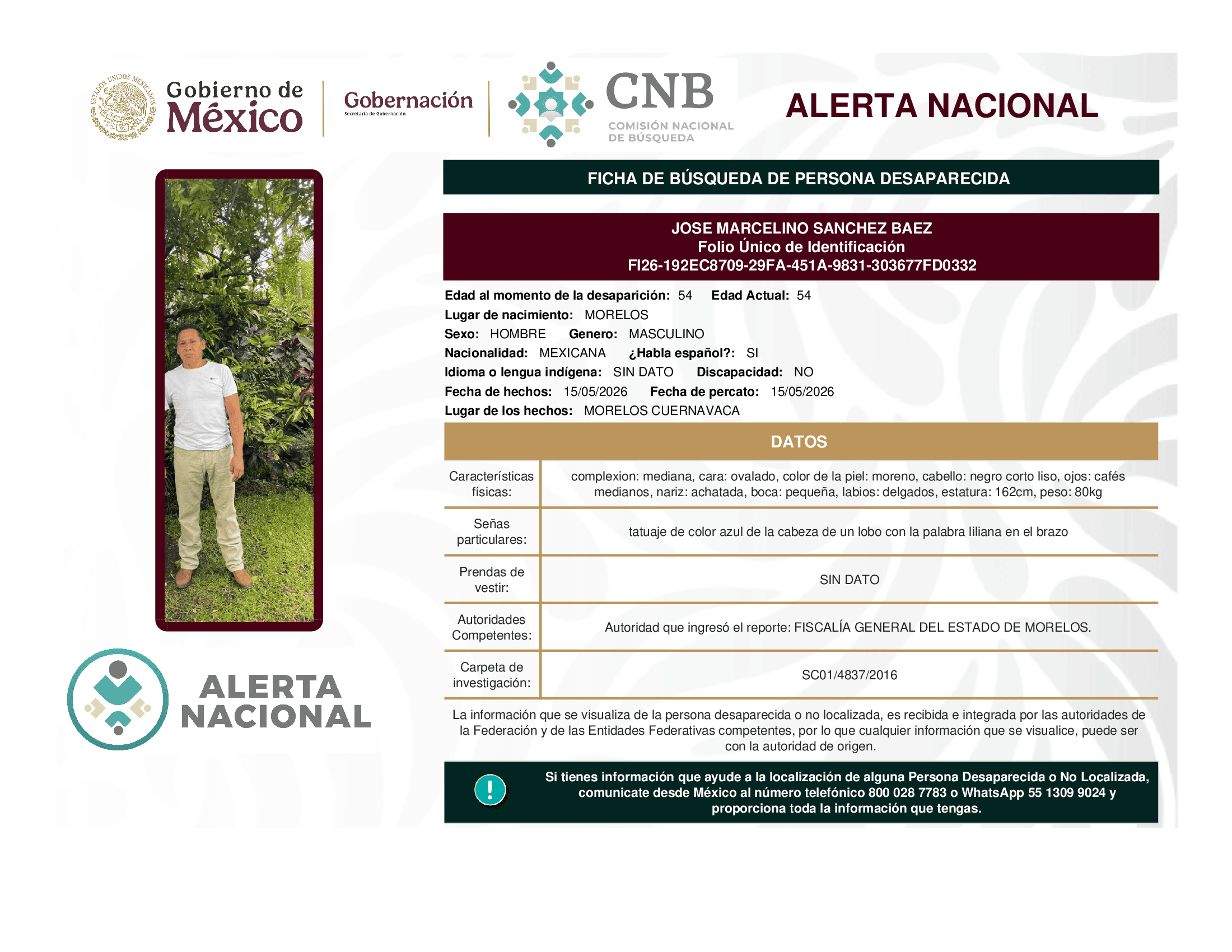 Persona desaparecida Jose Marcelino Sanchez Baez