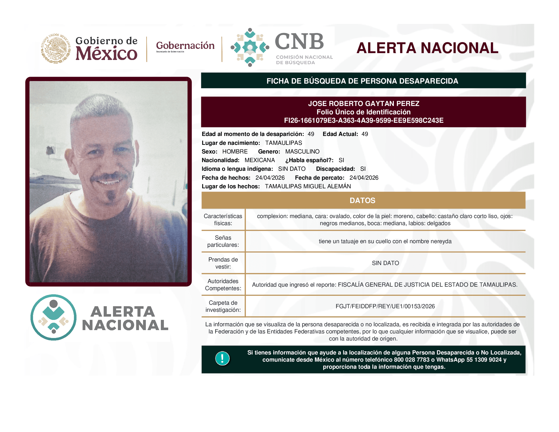 Persona desaparecida Jose Roberto Gaytan Perez