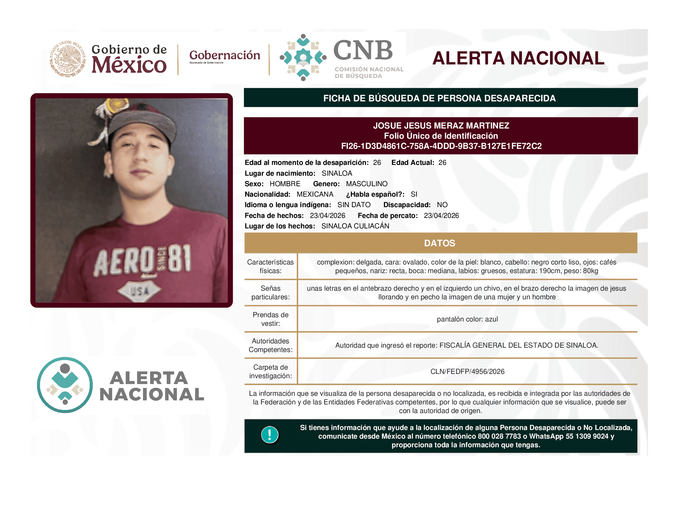 Persona desaparecida Josue Jesus Meraz Martinez