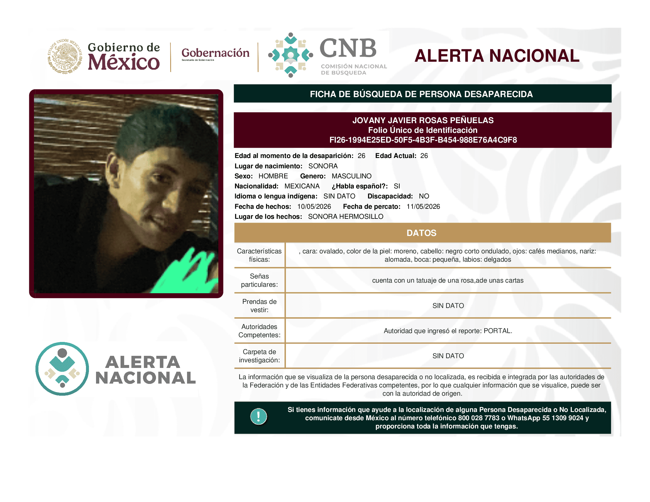 Persona desaparecida Jovany Javier Rosas Penuelas