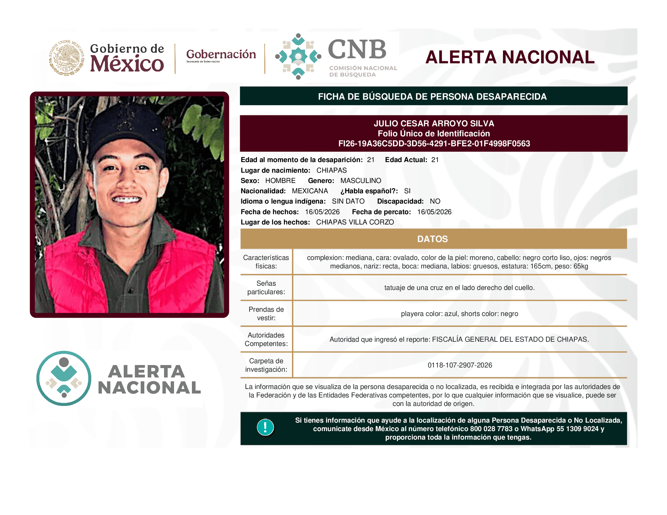 Persona desaparecida Julio Cesar Arroyo Silva