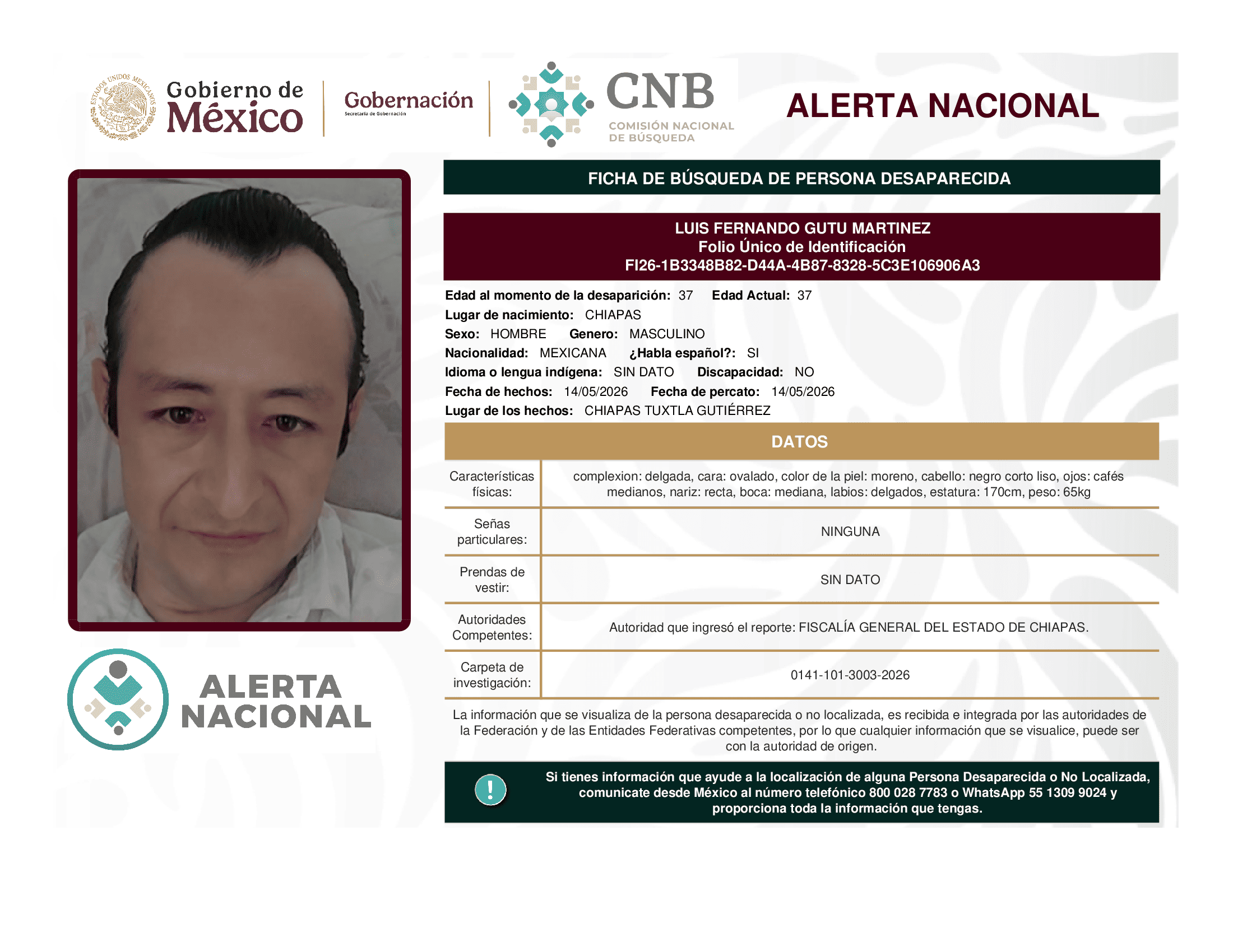 Persona desaparecida Luis Fernando Gutu Martinez