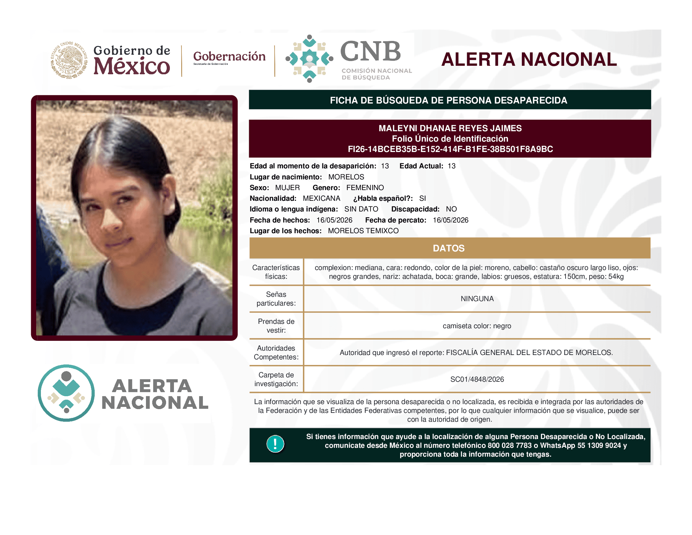 Persona desaparecida Maleyni Dhanae Reyes Jaimes