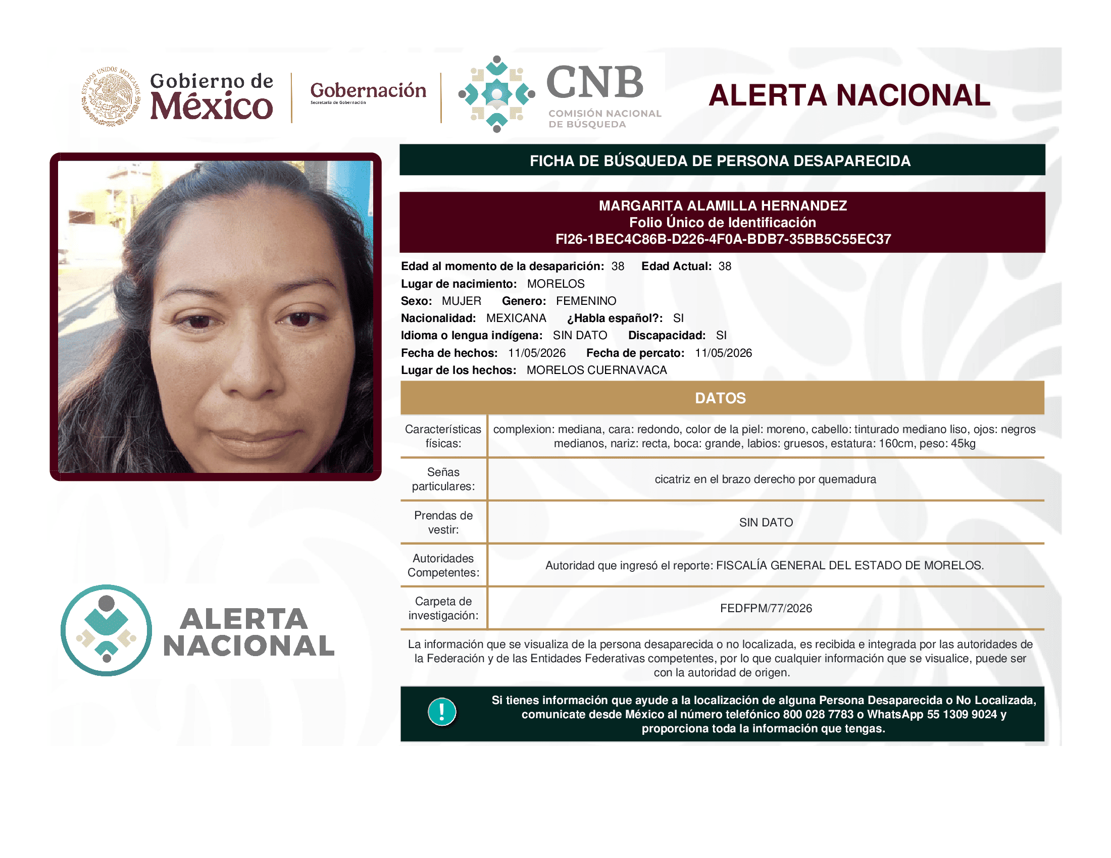 Persona desaparecida Margarita Alamilla Hernandez