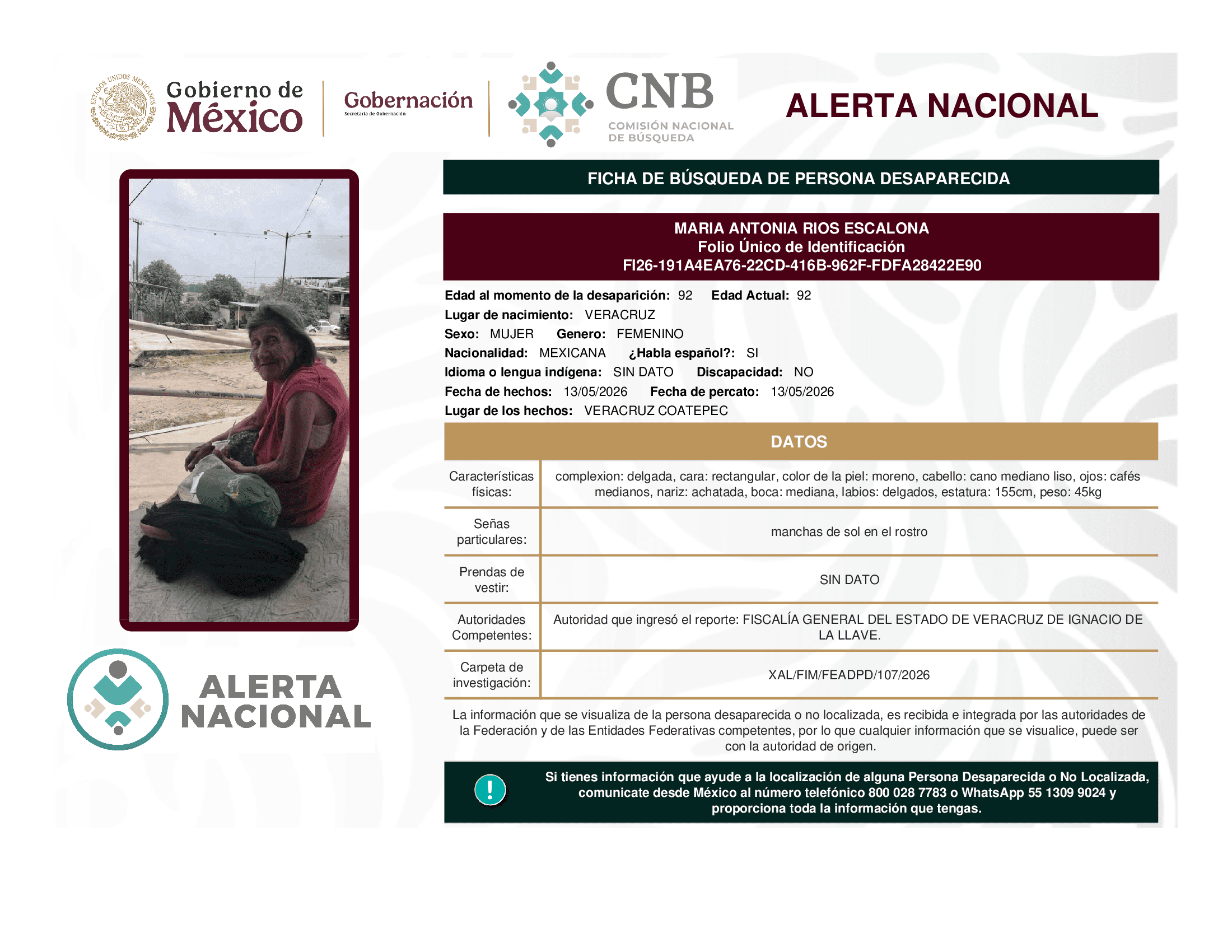 Persona desaparecida Maria Antonia Rios Escalona
