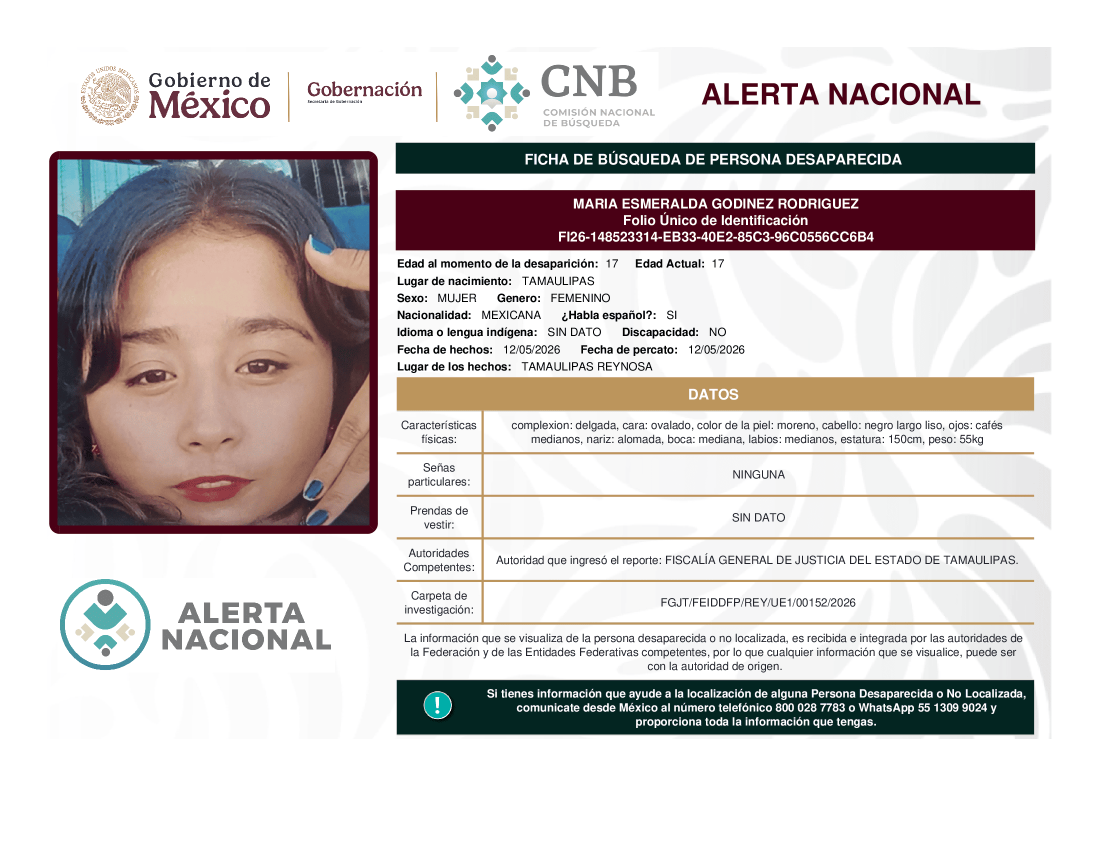 Persona desaparecida Maria Esmeralda Godinez Rodriguez