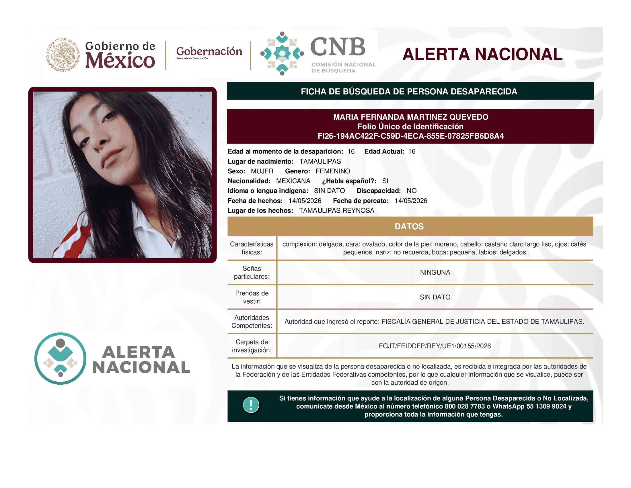 Persona desaparecida Maria Fernanda Martinez Quevedo