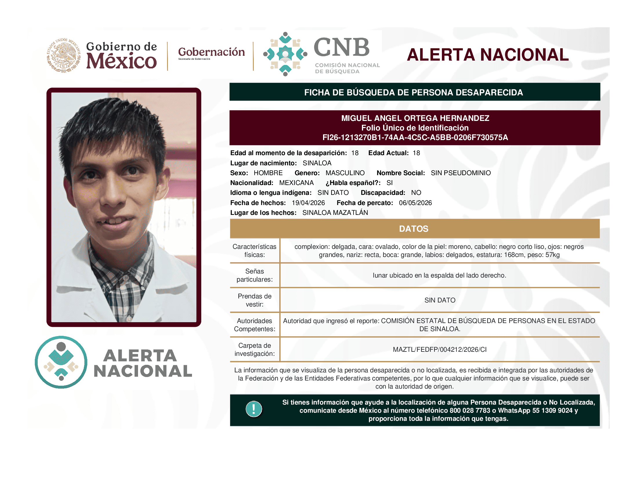Persona desaparecida Miguel Angel Ortega Hernandez