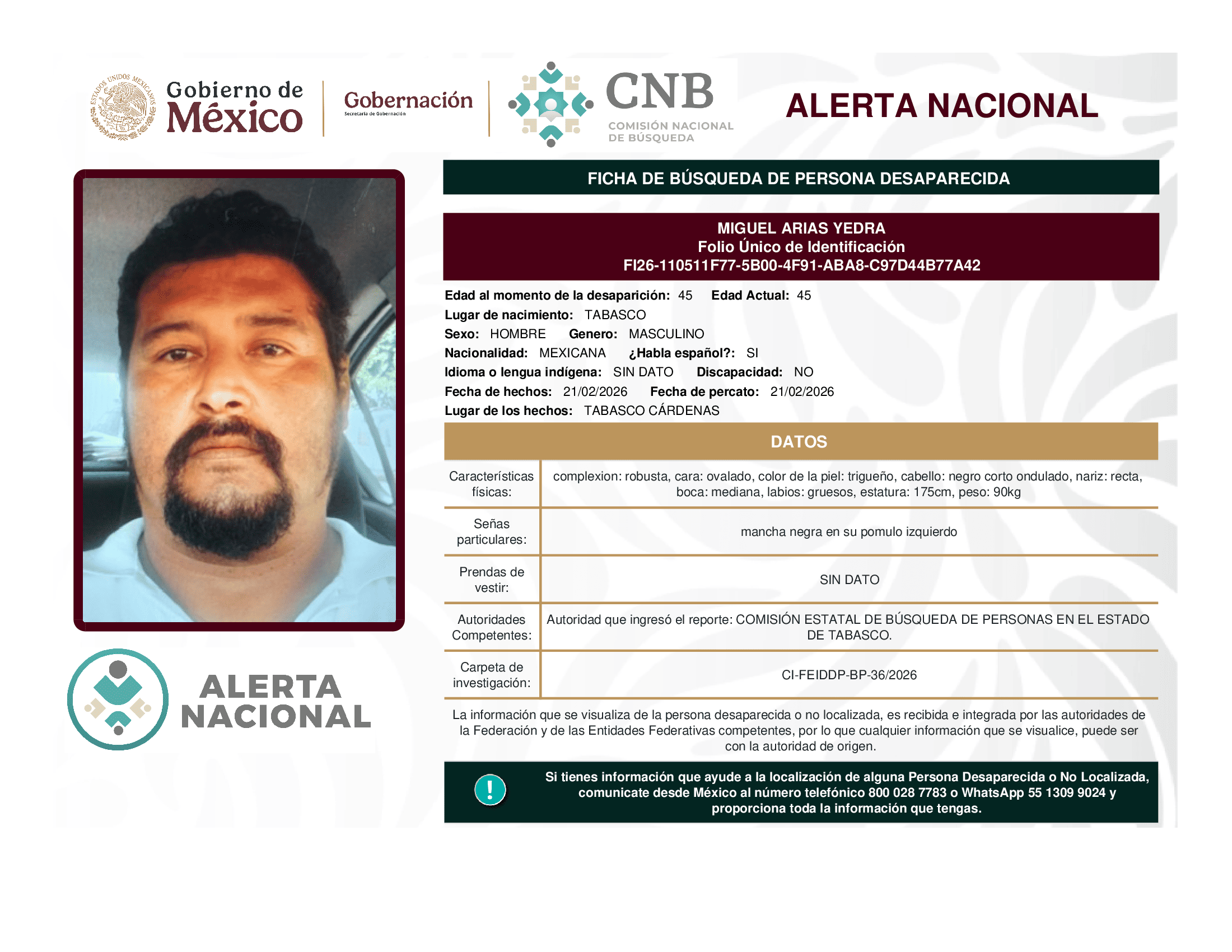 Persona desaparecida Miguel Arias Yedra