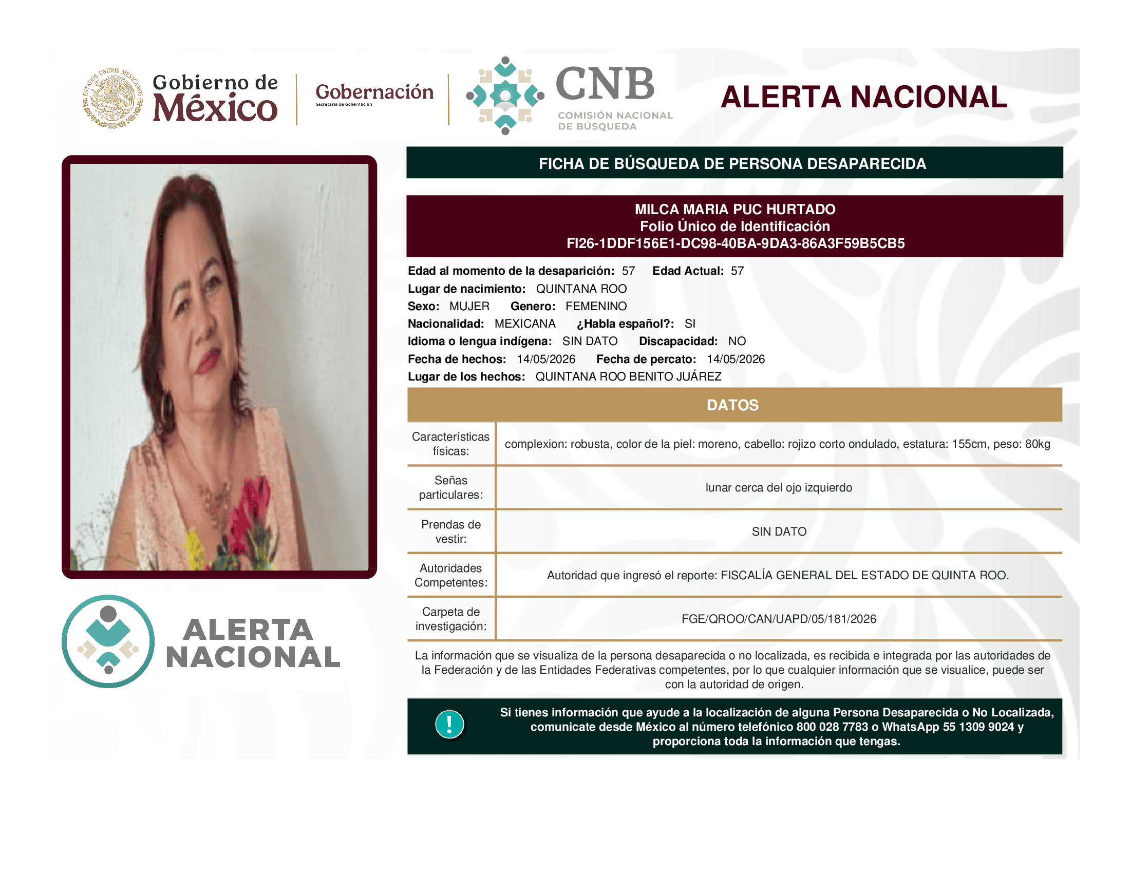 Persona desaparecida Milca Maria Puc Hurtado
