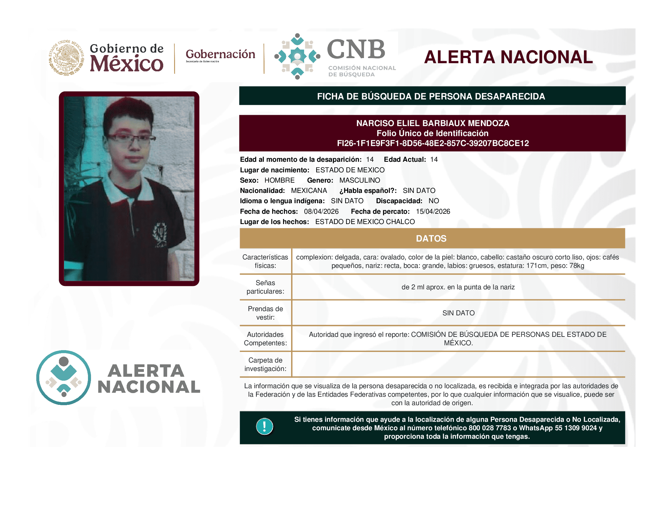Persona desaparecida Narciso Eliel Barbiaux Mendoza
