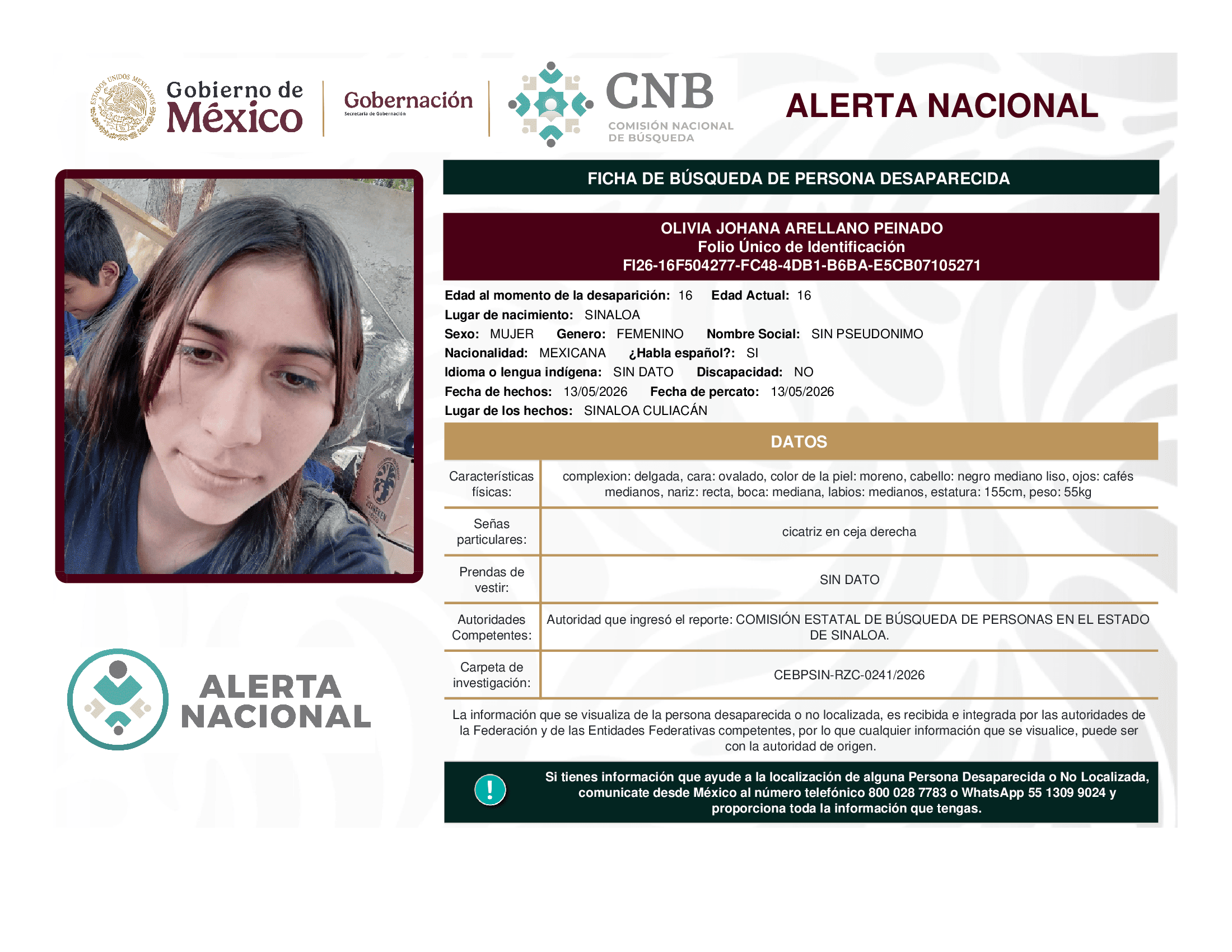 Persona desaparecida Olivia Johana Arellano Peinado