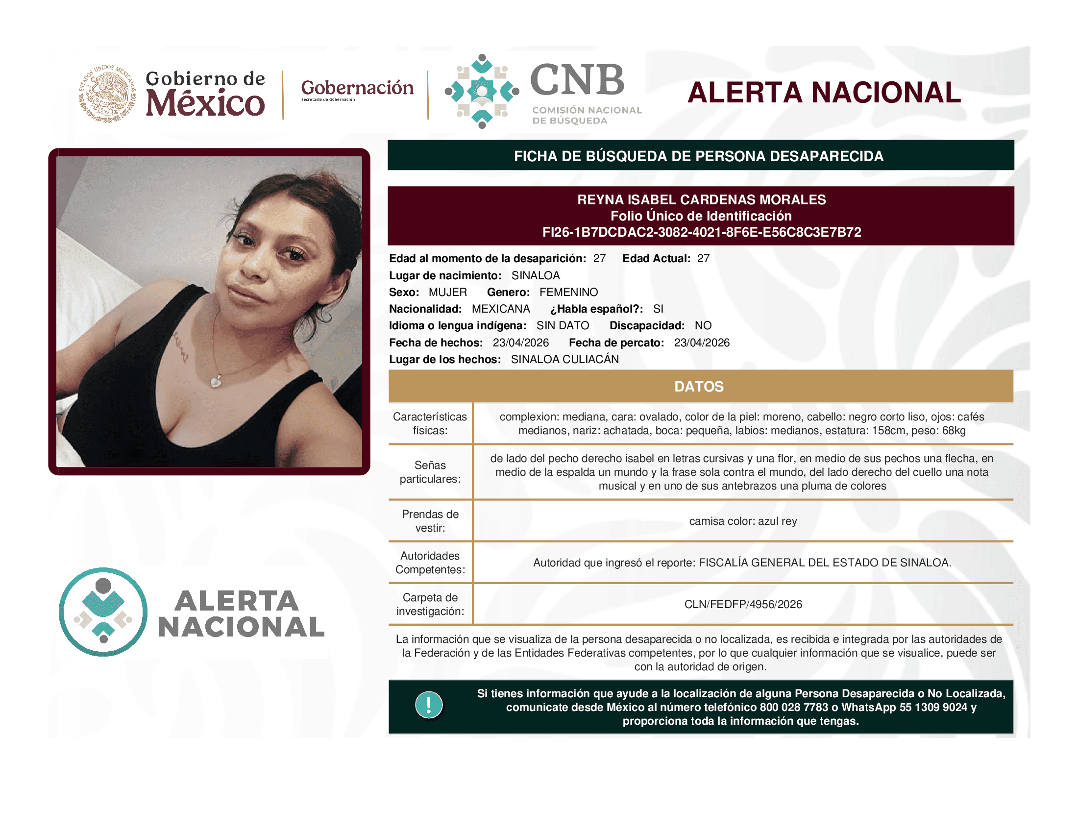 Persona desaparecida Reyna Isabel Cardenas Morales