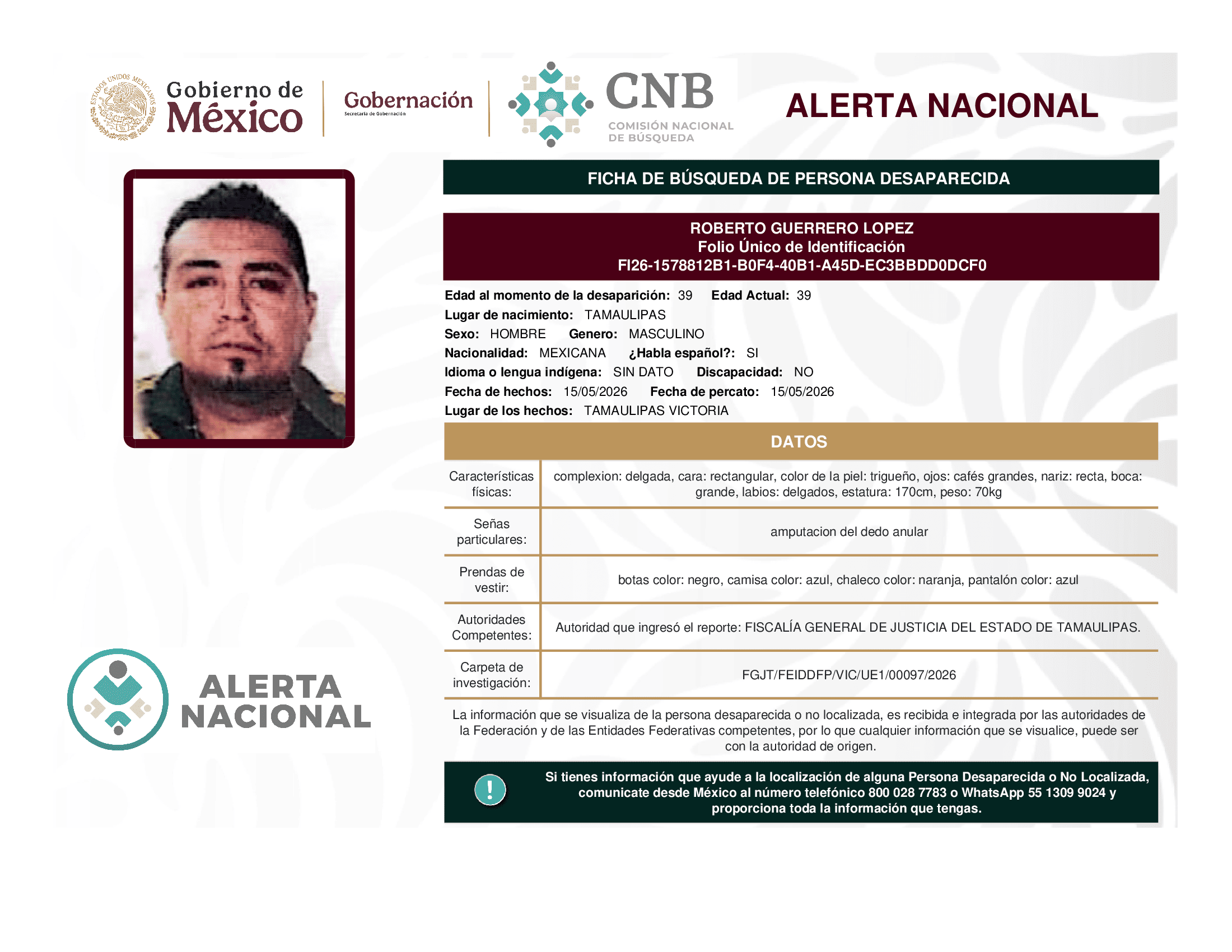 Persona desaparecida Roberto Guerrero Lopez