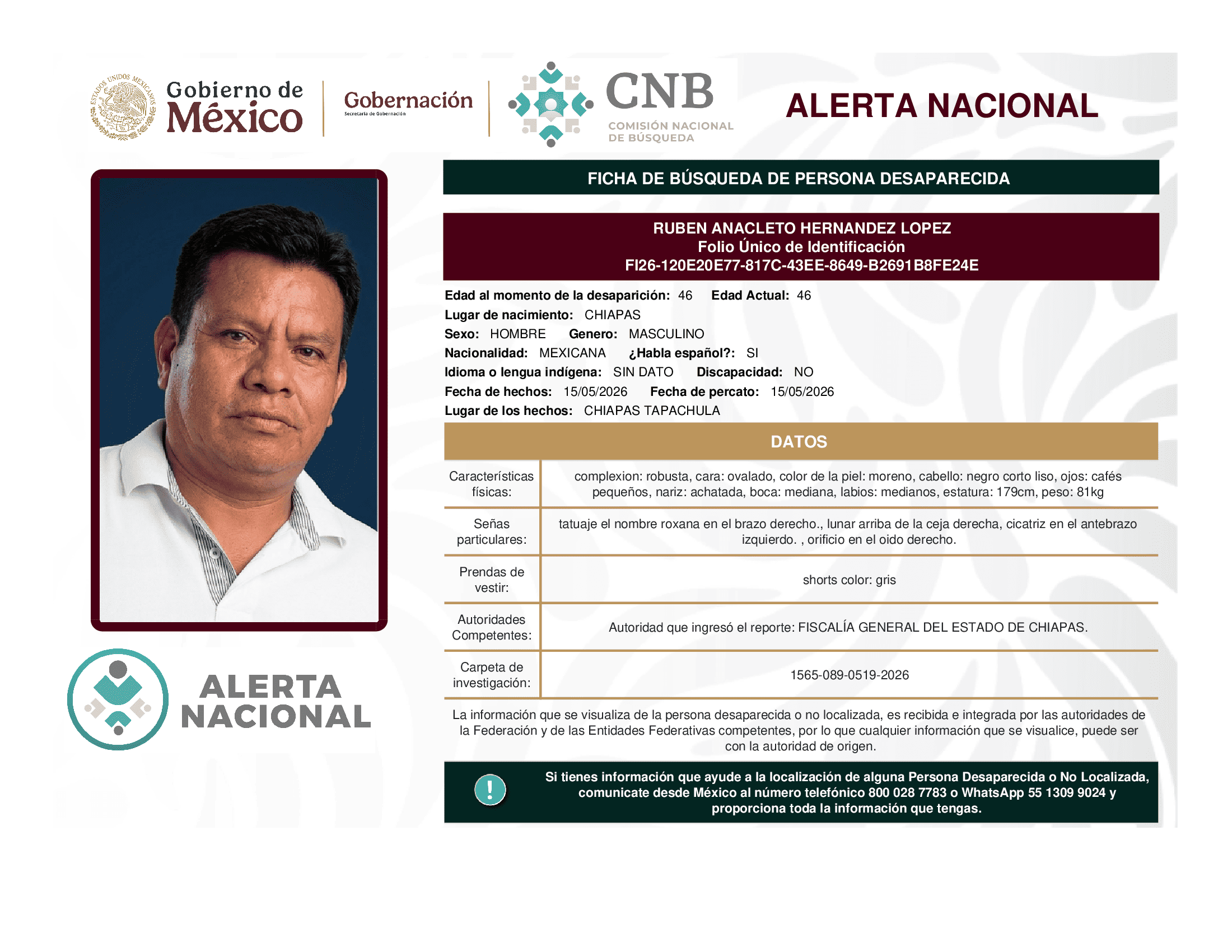 Persona desaparecida Ruben Anacleto Hernandez Lopez