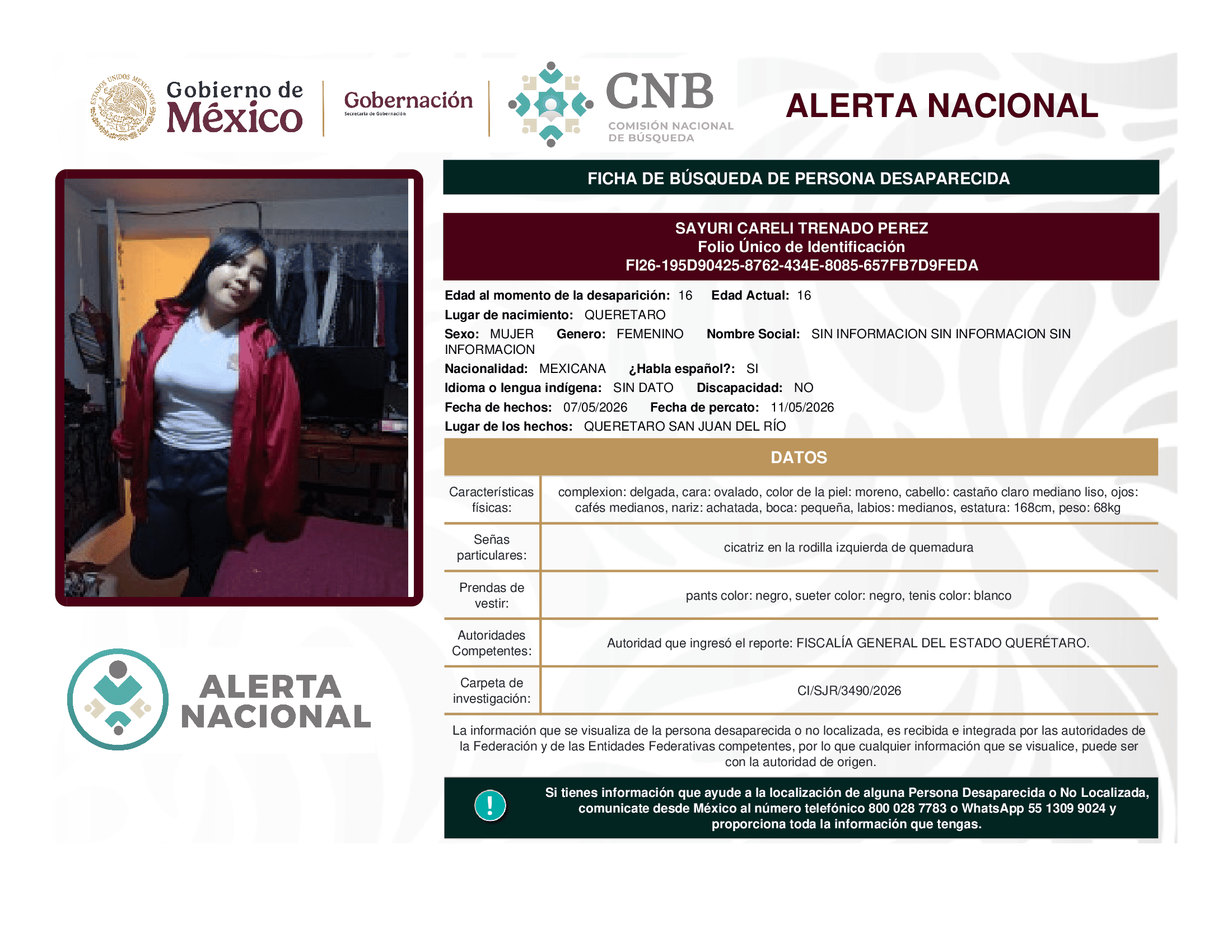 Persona desaparecida Sayuri Careli Trenado Perez