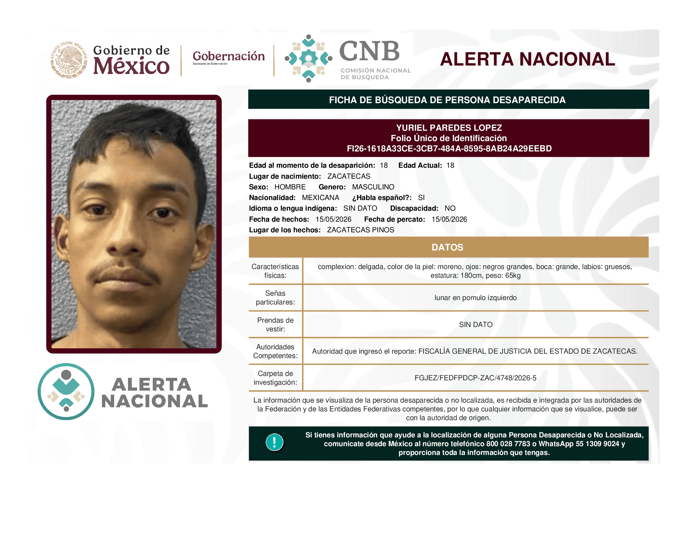 Persona desaparecida Yuriel Paredes Lopez