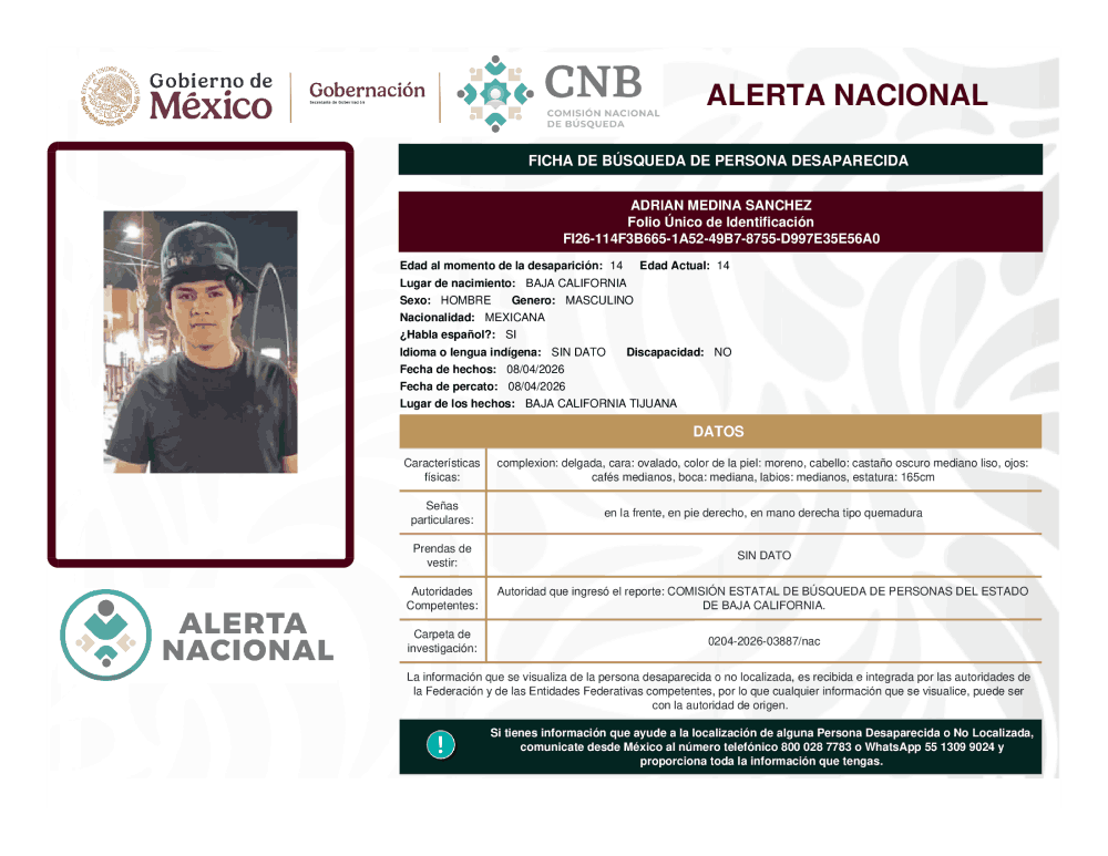 Persona desaparecida Adrian Medina Sánchez