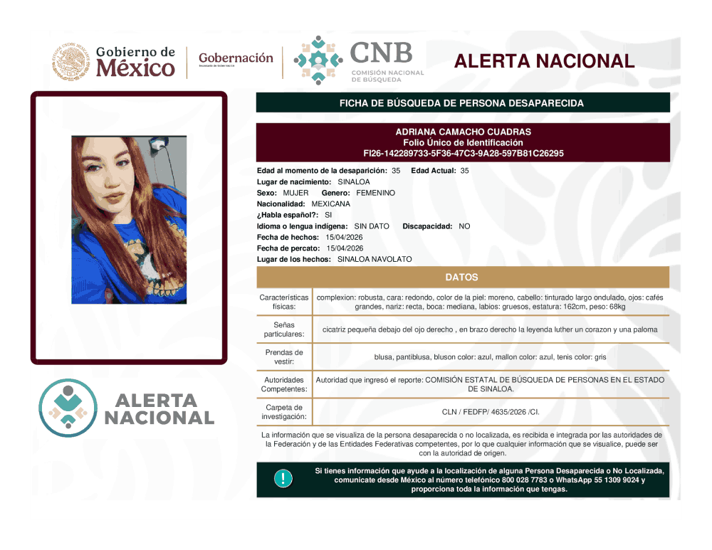 Persona desaparecida Adriana Camacho Cuadras