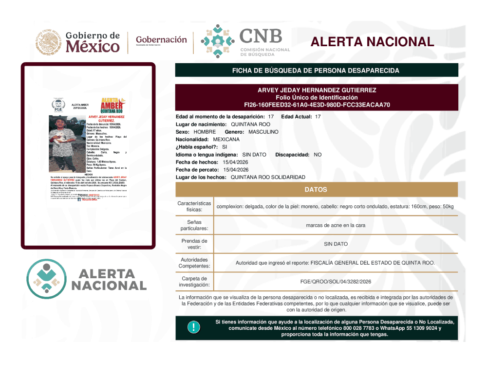 Persona desaparecida Arvey Jeday Hernández Gutiérrez