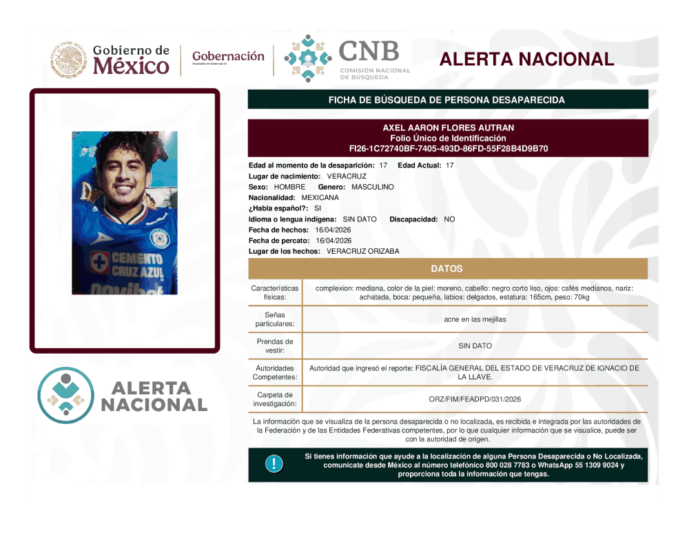 Persona desaparecida Axel Aaron Flores Autran
