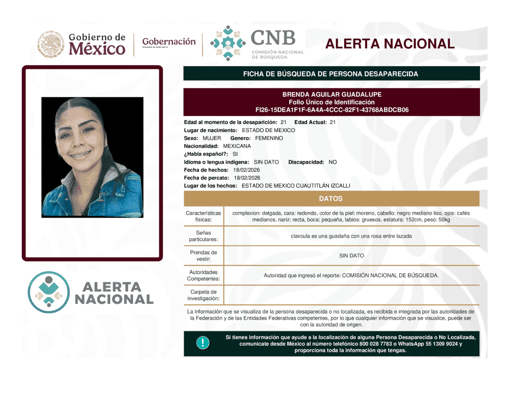 Persona desaparecida 	Brenda Aguilar Guadalupe