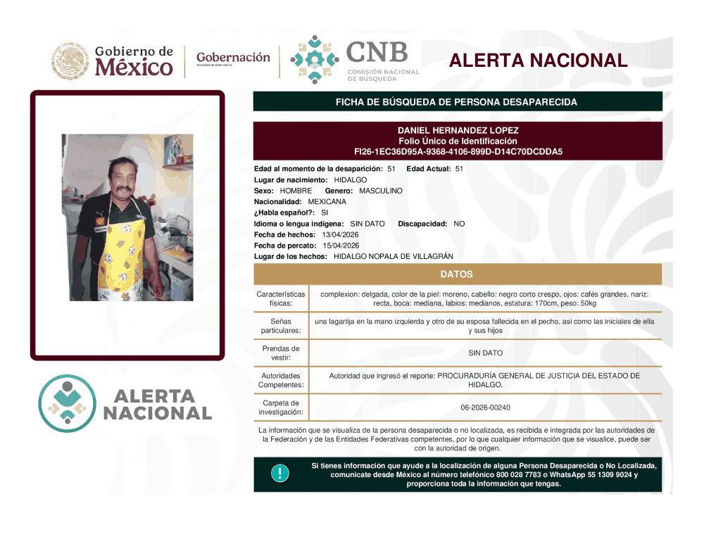 Persona desaparecida Daniel Hernández López