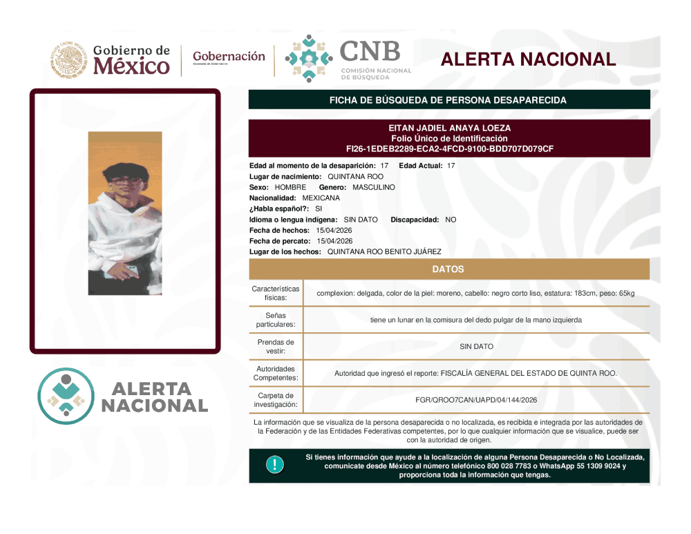 Persona desaparecida Eitan Jadiel Anaya Loeza