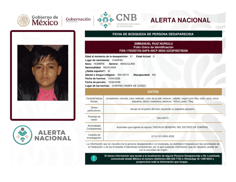 Persona desaparecida Emmanuel Ruiz Nuriulu