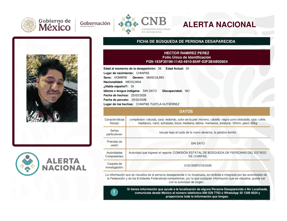 Persona desaparecida Héctor Ramírez Pérez