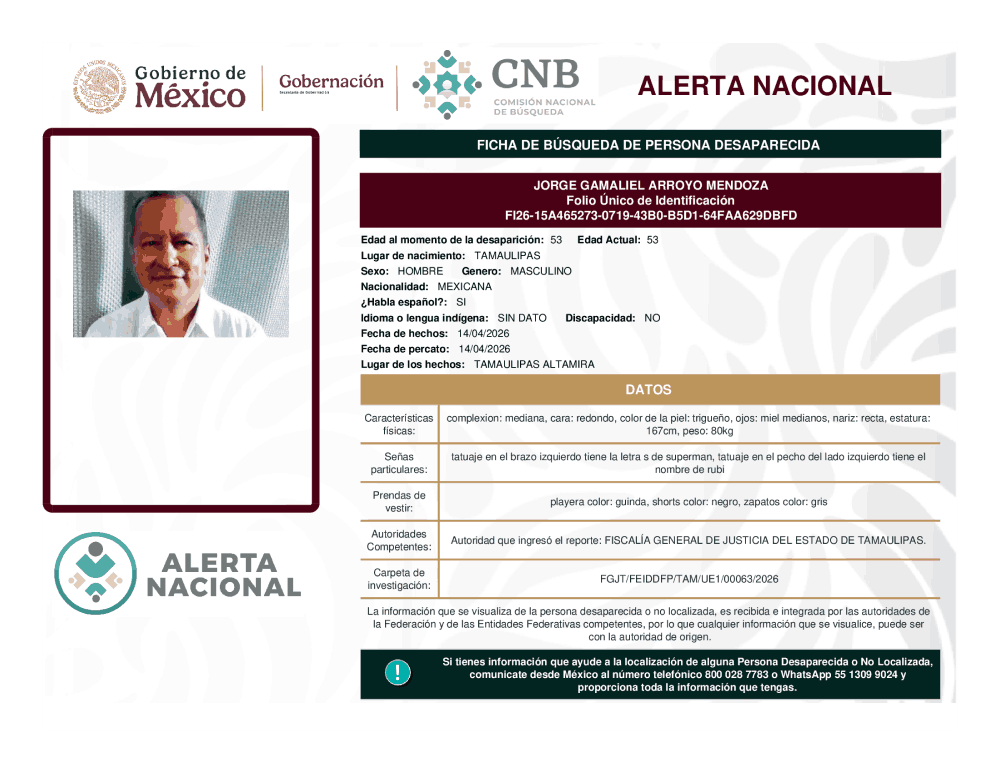 Persona desaparecida Jorge Gamaliel Arroyo Méndoza
