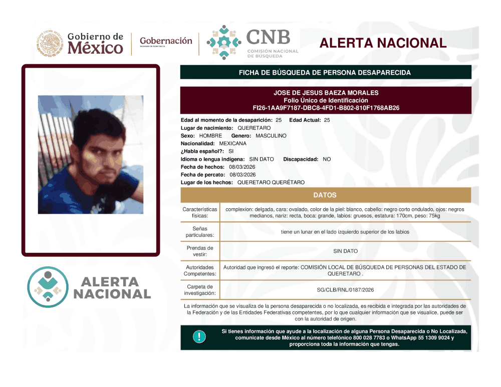 Persona desaparecida José de Jesús Baeza Morales