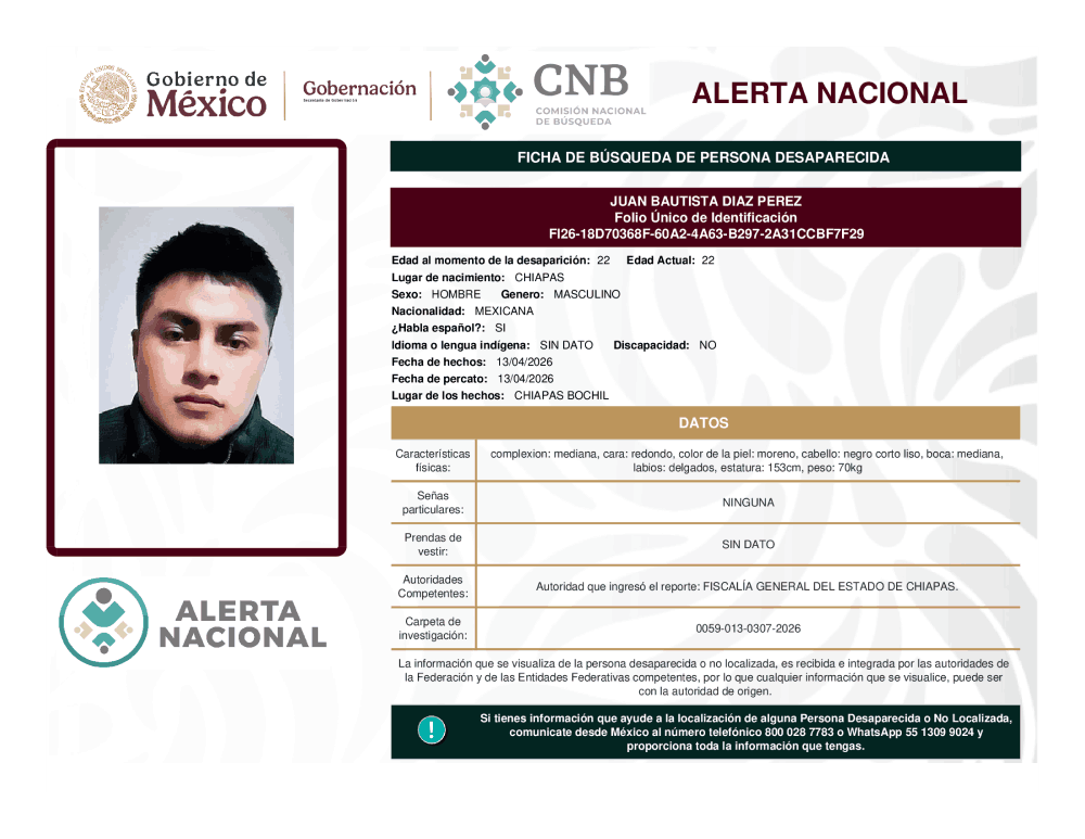 Persona desaparecida Juan Bautista Díaz Pérez