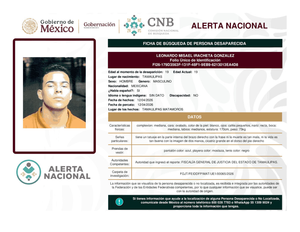 Persona desaparecida Leonardo Misael Iracheta González