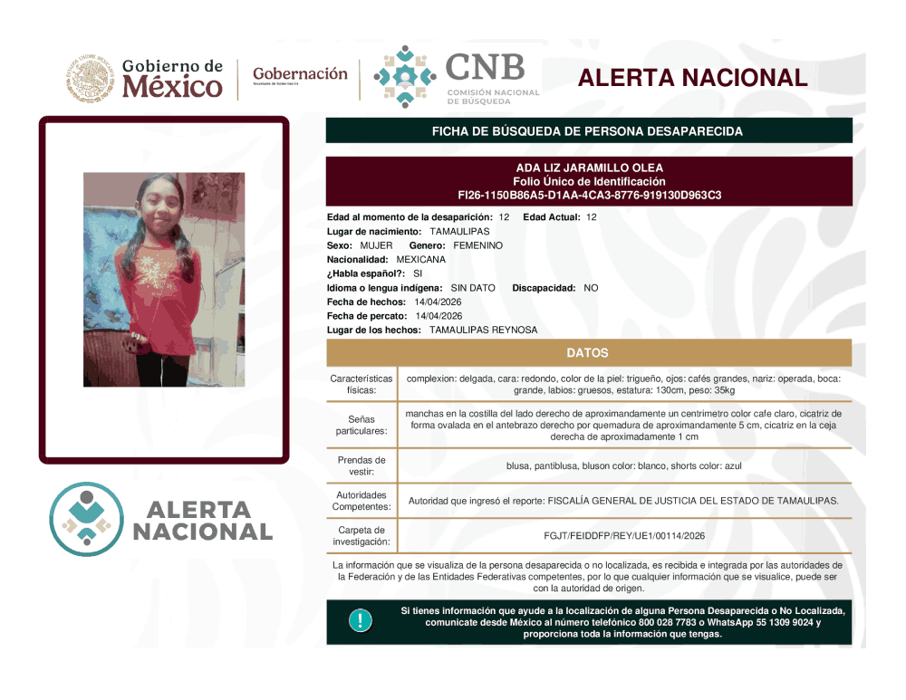 Persona desaparecida Ada Liz Jaramillo Olea