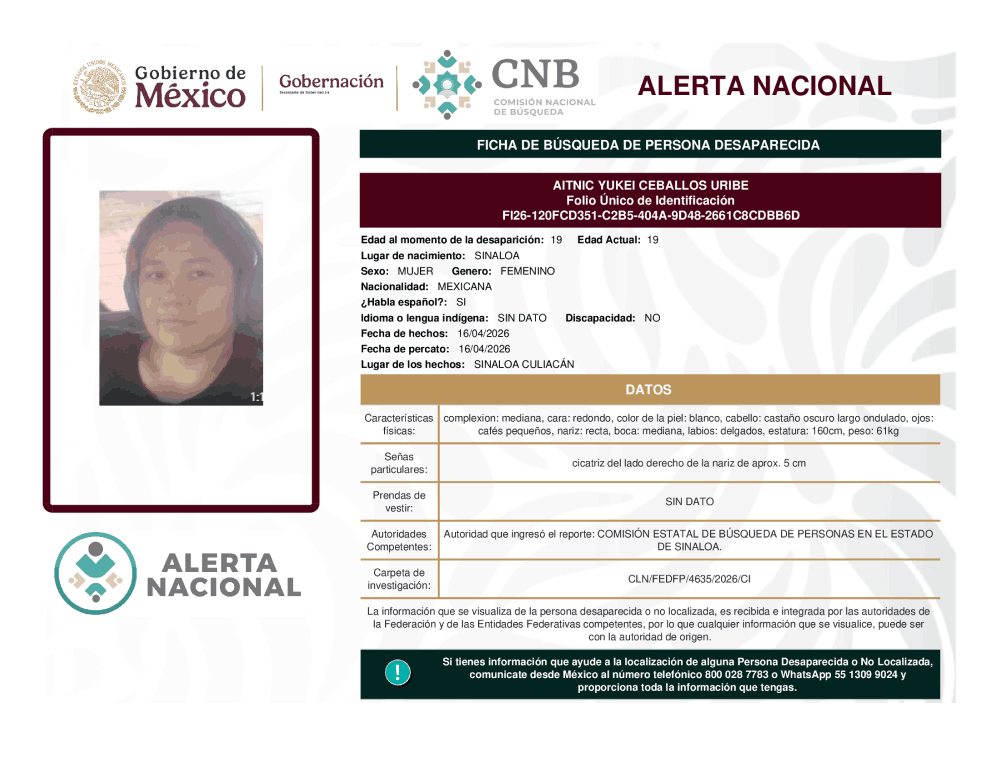 Persona desaparecida Aitnic Yukei Ceballos Uribe