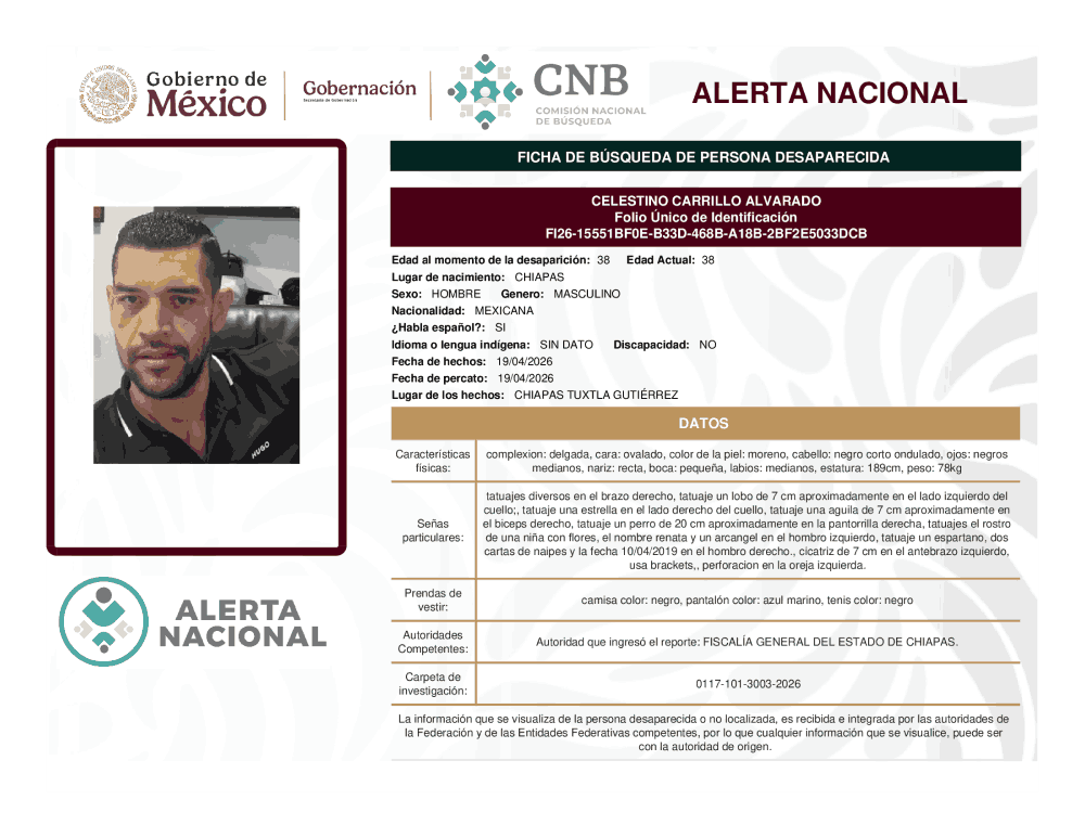 Persona desaparecida  Celestino Carrillo Alvarado