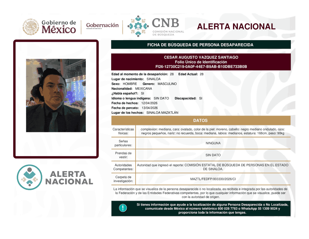 Persona desaparecida César Augusto Vázquez Santiago