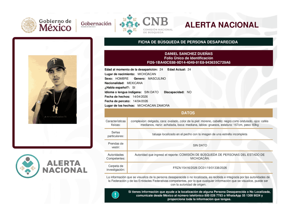 Persona desaparecida Daniel Sánchez Dueñas