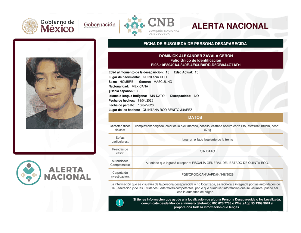 Persona desaparecida Dominick Alexander Zavala Ceron