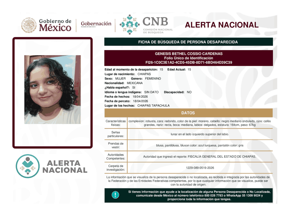 Persona desaparecida Genesis Bethel Cossio Cardenas