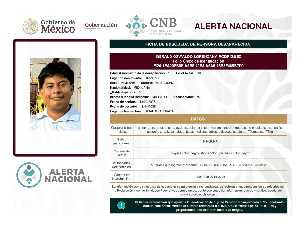 Persona desaparecida Gerald Oswaldo Lorenzana Rodríguez