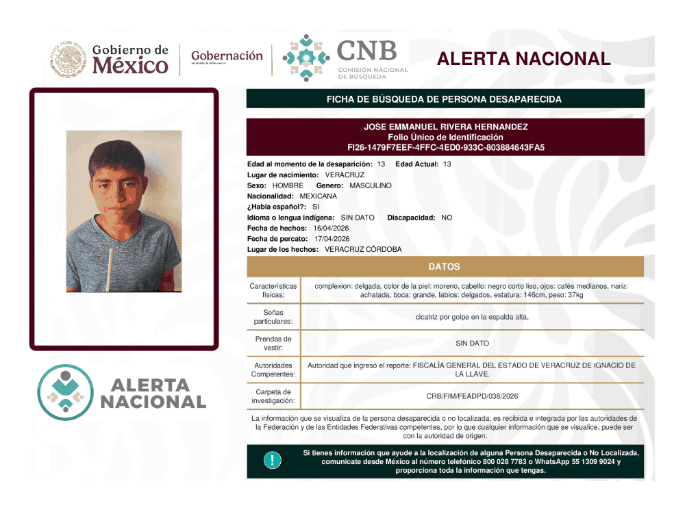 Persona desaparecida José Emmanuel Rivera Hernández