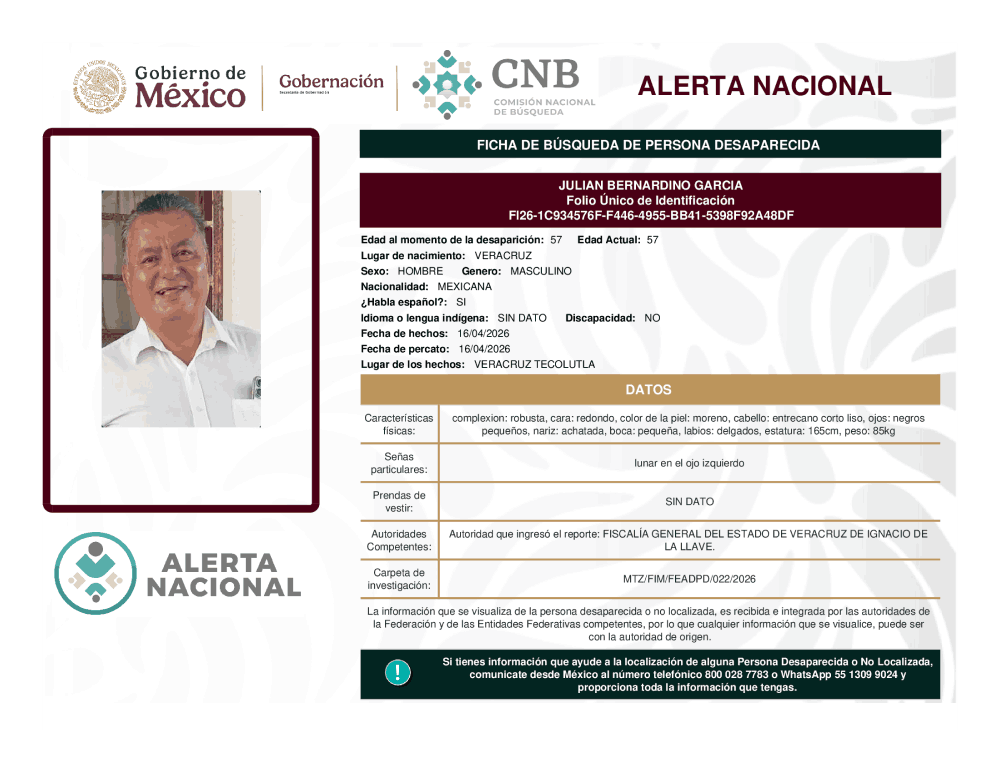 Persona desaparecida Julian Bernardino García